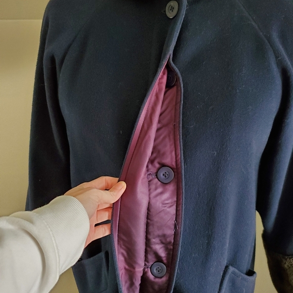 Steve by Searle Navy Blue Wool Full Length Swing Coat with Faux Fur Trim - Picture 4 of 6